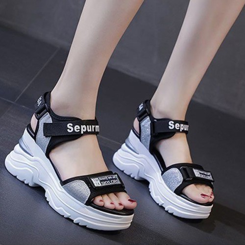 Platform Sponge Wedge Strappy Velcro Closure Sports Sandals - Grey |image