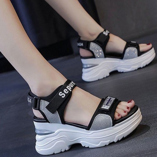 Platform Sponge Wedge Strappy Velcro Closure Sports Sandals - Grey |image