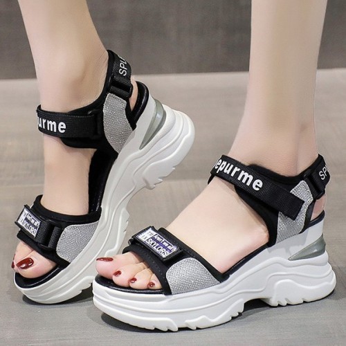 Platform Sponge Wedge Strappy Velcro Closure Sports Sandals - Grey |image