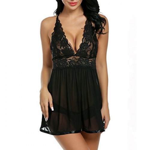 Elegant Transparent Lace Mesh Halter Neck Mini Nightwear - Black |image