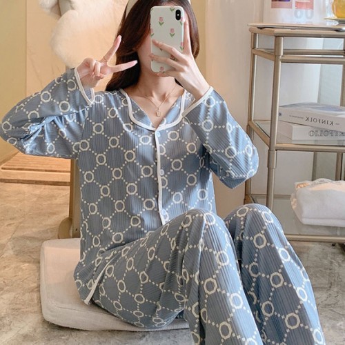 Cardigan Long Sleeves Pajamas Shirt Lapel Collar Nightdress - Grey |image