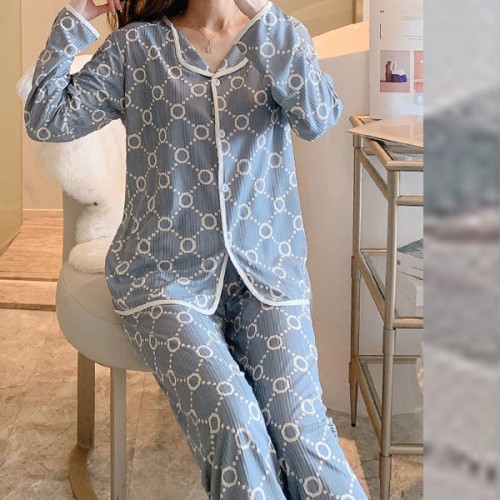 Cardigan Long Sleeves Pajamas Shirt Lapel Collar Nightdress - Grey |image