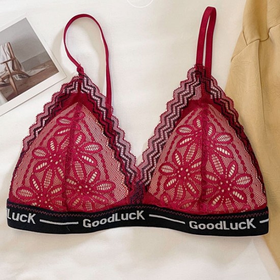 Breathable Triangle Cup Lace Thin Wireless Push Up Padded Bra - Red |image