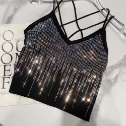 Rhinestone Diamond Tank Top Bustier Vest Crop Women Bra - Black