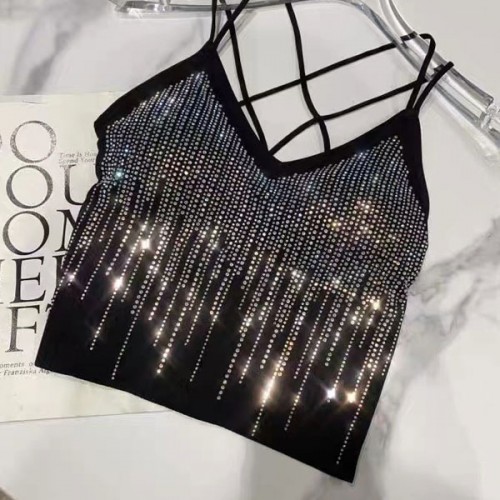 Rhinestone Diamond Tank Top Bustier Vest Crop Women Bra - Black |image
