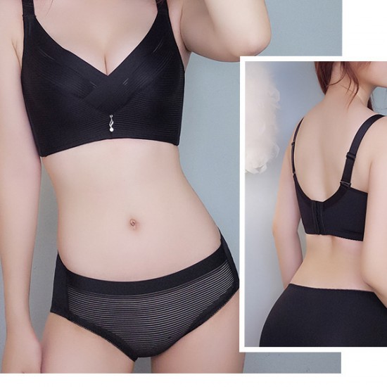 Comfortable Striped Lace V Neck Push Up Adjustable Brassiere - Black |image