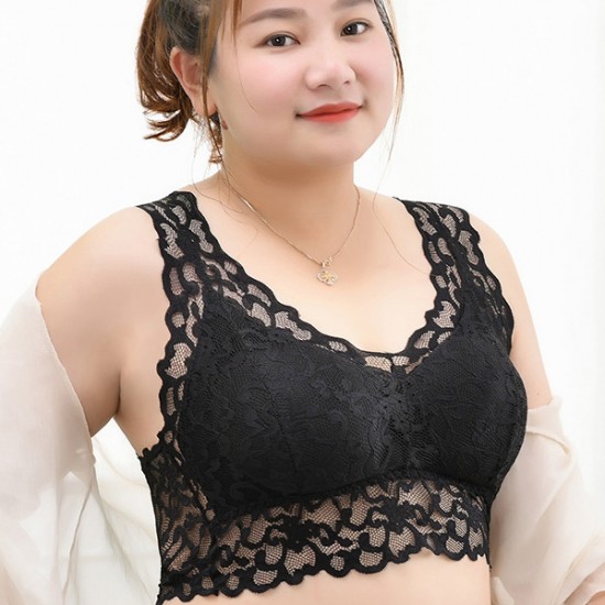 Beautiful Solid Strap Wrap Floral Lace Seamless Thin Mold Cup Bra - Black |image