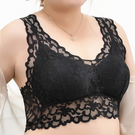Beautiful Solid Strap Wrap Floral Lace Seamless Thin Mold Cup Bra - Black |image