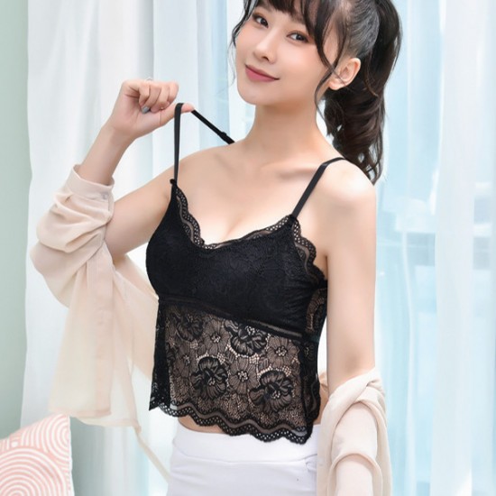 Lace Crop Tops Casual V-Neck Vest Bralette Camisole Tank Tee Bra - Black |image