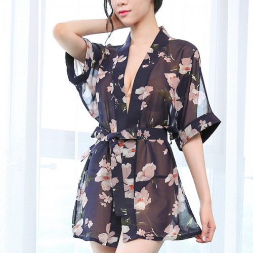 Kimono Knotted Chiffon Floral Printed Bathrobe Women Nightdress - Black |image