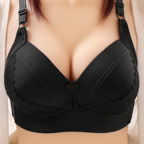Comfortable Gathered Side Closed Lace Fixed Shoulder Straps Bra - Black |image