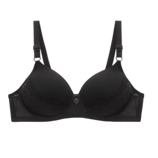 Mesh Lace Light Lined Full Coverage Push Up Women Bra - Black |image