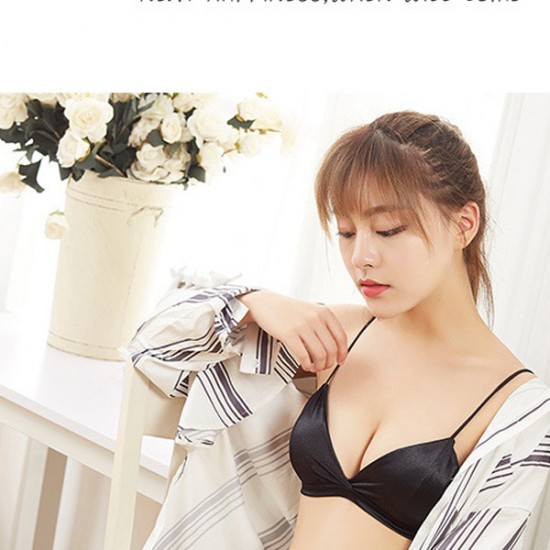 Solid Bikini Swimsuit Satin Triangular Cup Thin Rope Gathered Bra - Black |image