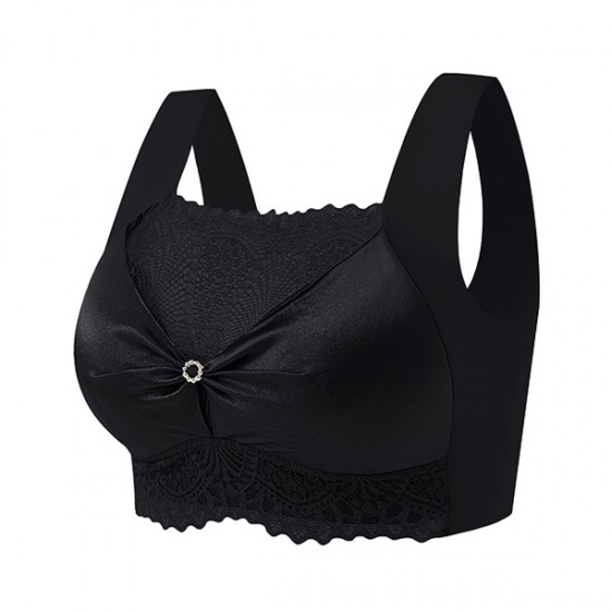 Solid Color Flower Lace Trackless Gathering Sports Unpadded Bra - Black |image