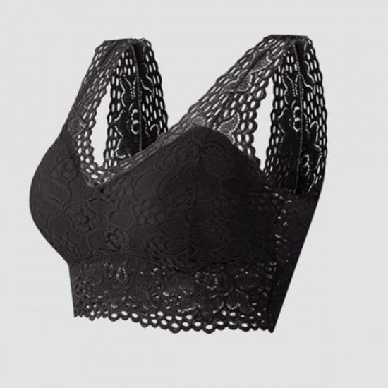 Bralette Lace Hollow Out Seamless Solid Women Lingerie Bra - Black |image