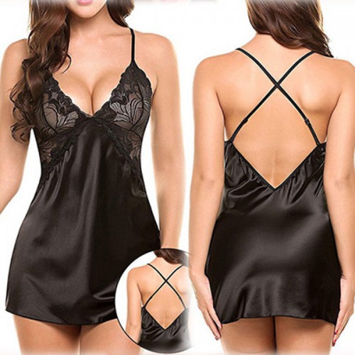 Cross Strap Lingerie Patchwork Nightdress Scalloped Satin Nightwear - Black |image