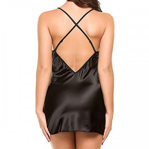 Cross Strap Lingerie Patchwork Nightdress Scalloped Satin Nightwear - Black |image