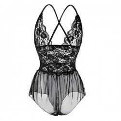 Lace Floral Details See Through Shoulder Strap Women Bodysuit - Black 