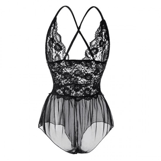 Lace Floral Details See Through Shoulder Strap Women Bodysuit - Black |image