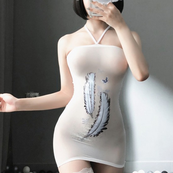 Mesh See Through Halter Neck Feather Printed Tight Hip Bodysuit - White |image