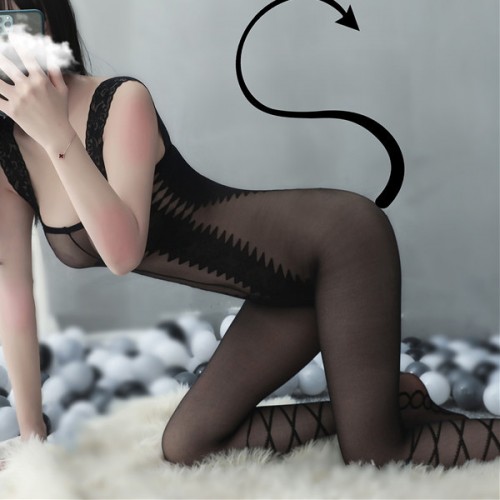 Transparent Stockings Pajamas Sawtooth Thin Mesh Bodysuit - Black |image
