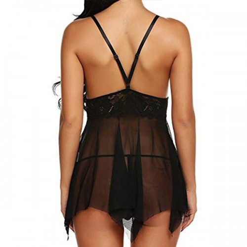 Elegant Lingerie Lace Strap Flower Sleepwear G-string Nightdress - Black |image