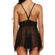 Elegant Lingerie Lace Strap Flower Sleepwear G-string Nightdress - Black |image