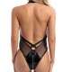 Tight Mesh Texture Halter Neck Underwear Set Lingerie Bodysuit - Black |image