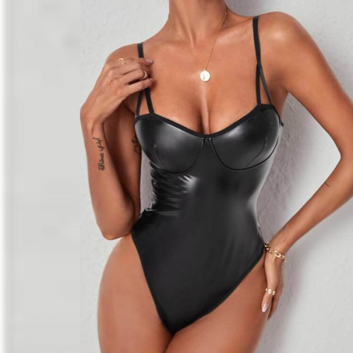 Metallic Exotics Wet Look Corset Shiny Tight Lingerie Bodysuit - Black |image