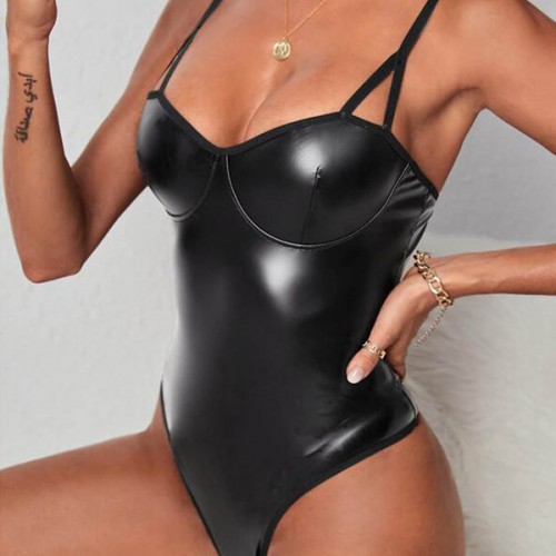 Metallic Exotics Wet Look Corset Shiny Tight Lingerie Bodysuit - Black |image