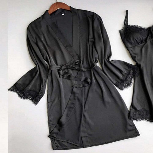 Elegant Contrast Lace Robe Satin Belt Cami Full Sleeve Nightdress - Black |image