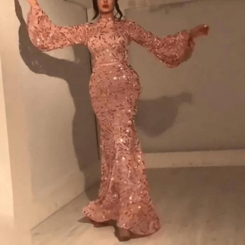 Elegant Sequined Big Swing Flare Bell Sleeve Women Party Dress - Pink |image