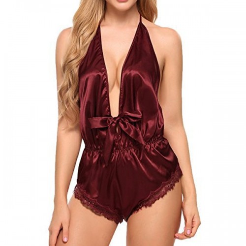 Baby Doll One Piece Halter Jumpsuit Short Nightwear Bodysuit - Red |image
