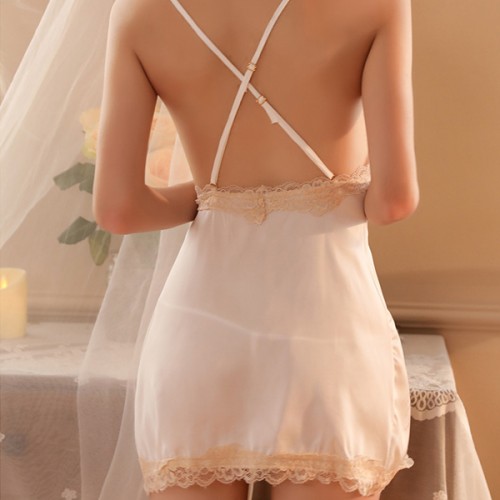 Bride Lace Nightgown Women Strappy Nightwear Dress - White |image
