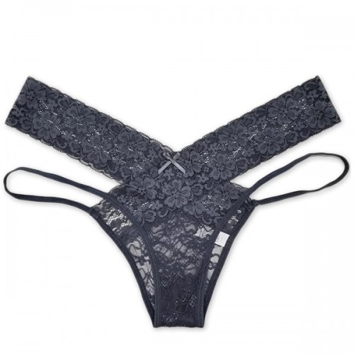 Comfortable Solid Lace Decor Thong Women Panties - Grey |image