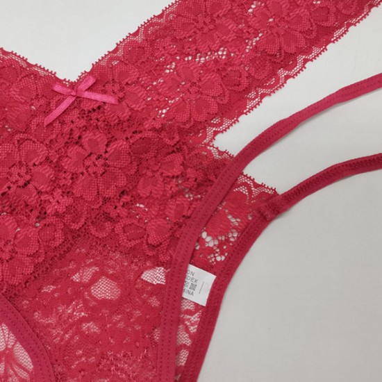 Comfortable Solid Lace Decor Thong Women Panties - Red |image