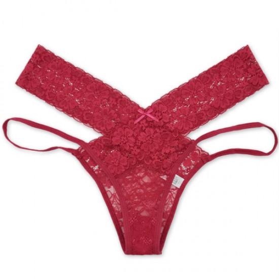 Comfortable Solid Lace Decor Thong Women Panties - Red |image