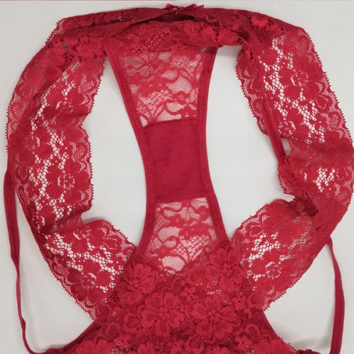 Comfortable Solid Lace Decor Thong Women Panties - Red |image