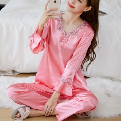 Luxury Silk Stain Pajamas Lace V Neck Women Sleepwear - Pink