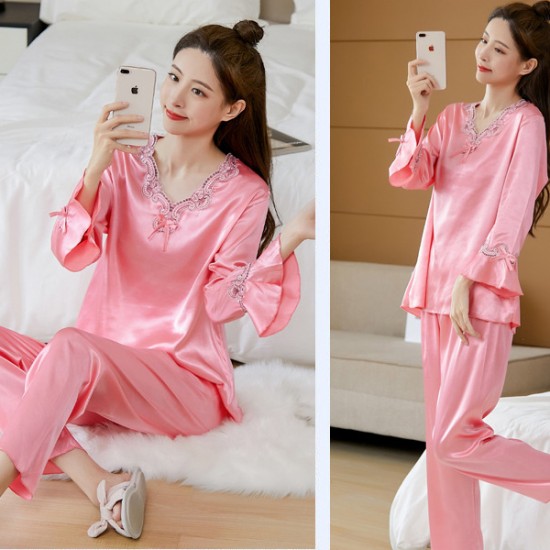 Show Image for Luxury Silk Stain Pajamas Lace V Neck Women Sleepwear - Pink Luxury Silk Stain Pajamas Lace V Neck Women Sleepwear - Pink |image