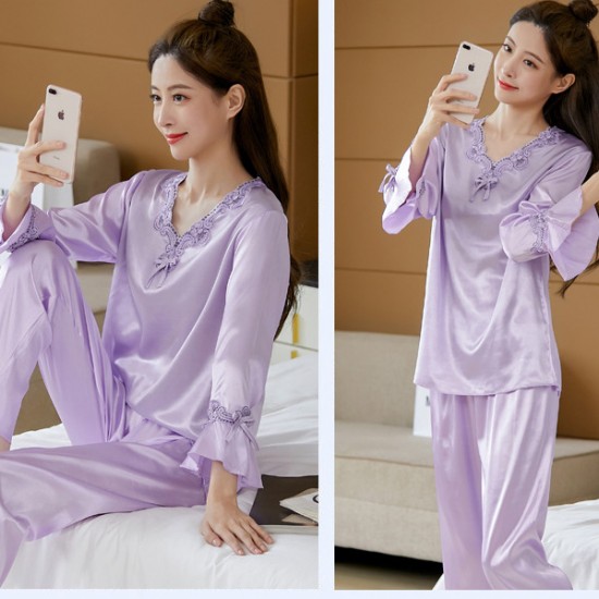 Luxury Silk Stain Pajamas Lace V Neck Women Sleepwear - Purple |image