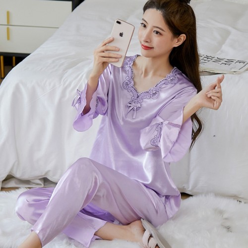 Luxury Silk Stain Pajamas Lace V Neck Women Sleepwear - Purple |image