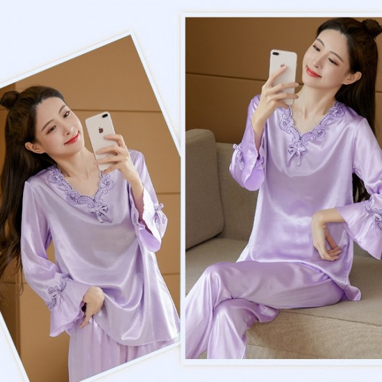 Luxury Silk Stain Pajamas Lace V Neck Women Sleepwear - Purple |image