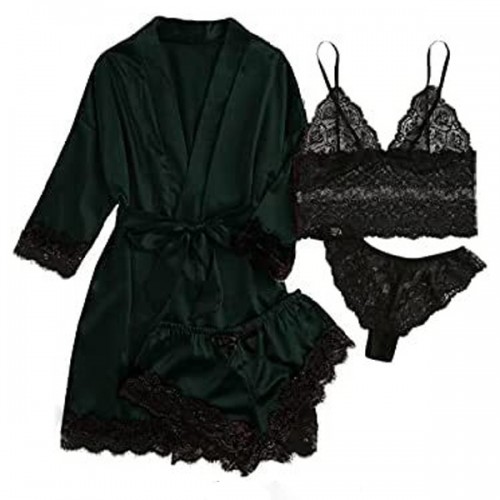 4pcs Pajamas Set Lingerie Silk Satin Floral Lace Sleepwear - Black |image