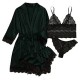 4pcs Pajamas Set Lingerie Silk Satin Floral Lace Sleepwear - Black
