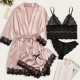 4pcs Pajamas Set Lingerie Silk Satin Floral Lace Sleepwear - Pink