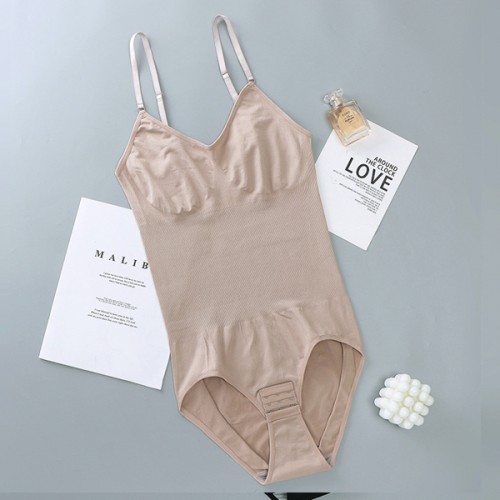 Solid Color Seamless Women Sliming Bodysuit - Cream |image