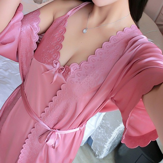 Mid Skirt Nightgown V Neck Lace Sling Women Nightdress - Pink |image