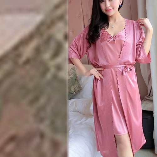 Mid Skirt Nightgown V Neck Lace Sling Women Nightdress - Pink |image