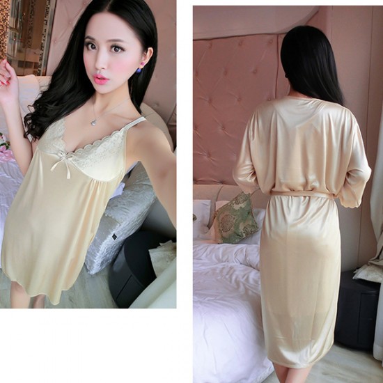 Show Image for Mid Skirt Nightgown V Neck Lace Sling Women Nightdress - Cream Mid Skirt Nightgown V Neck Lace Sling Women Nightdress - Cream |image